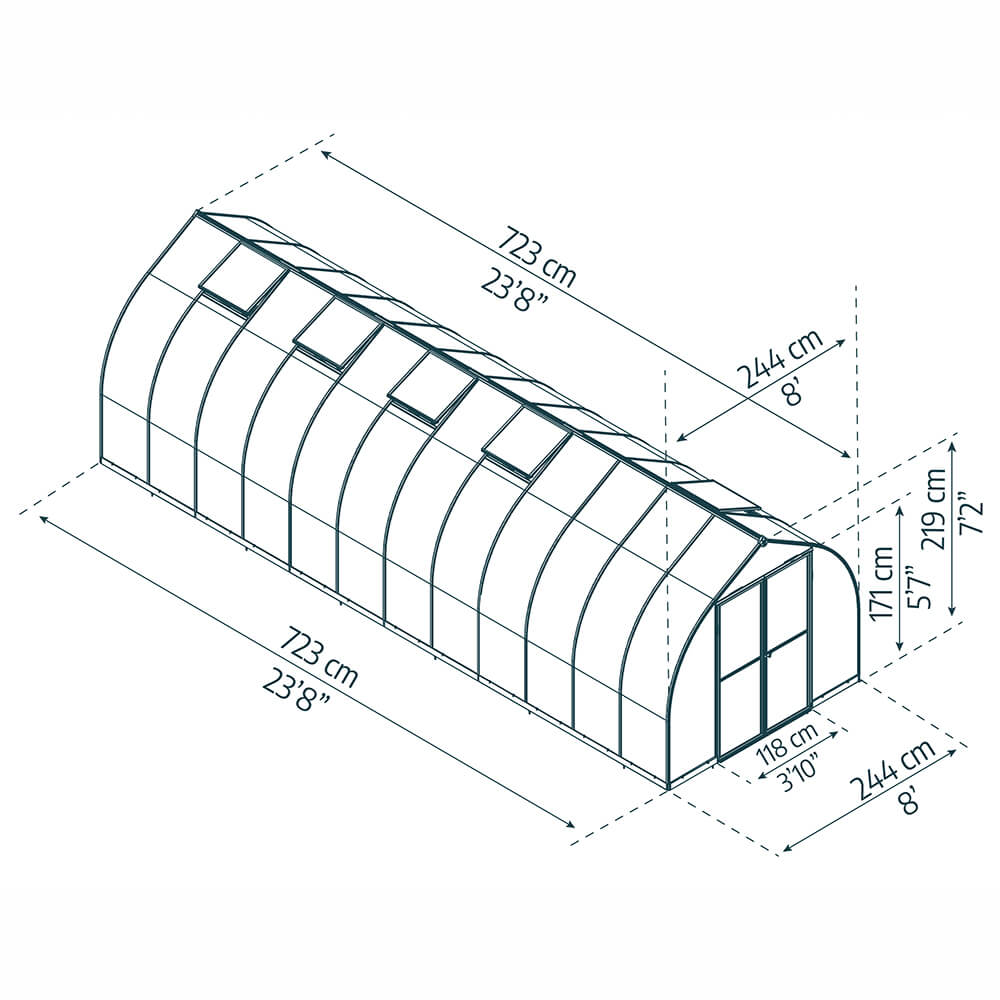 Description des tailles de la serre de jardin polycarbonate Bella